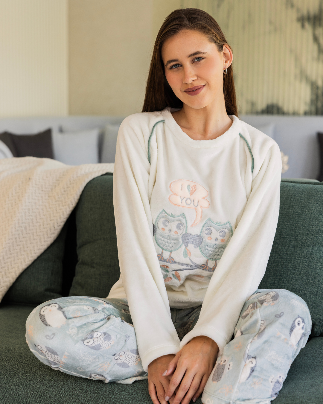 Women's pajamas, two men, embroidered owl, patterned pants