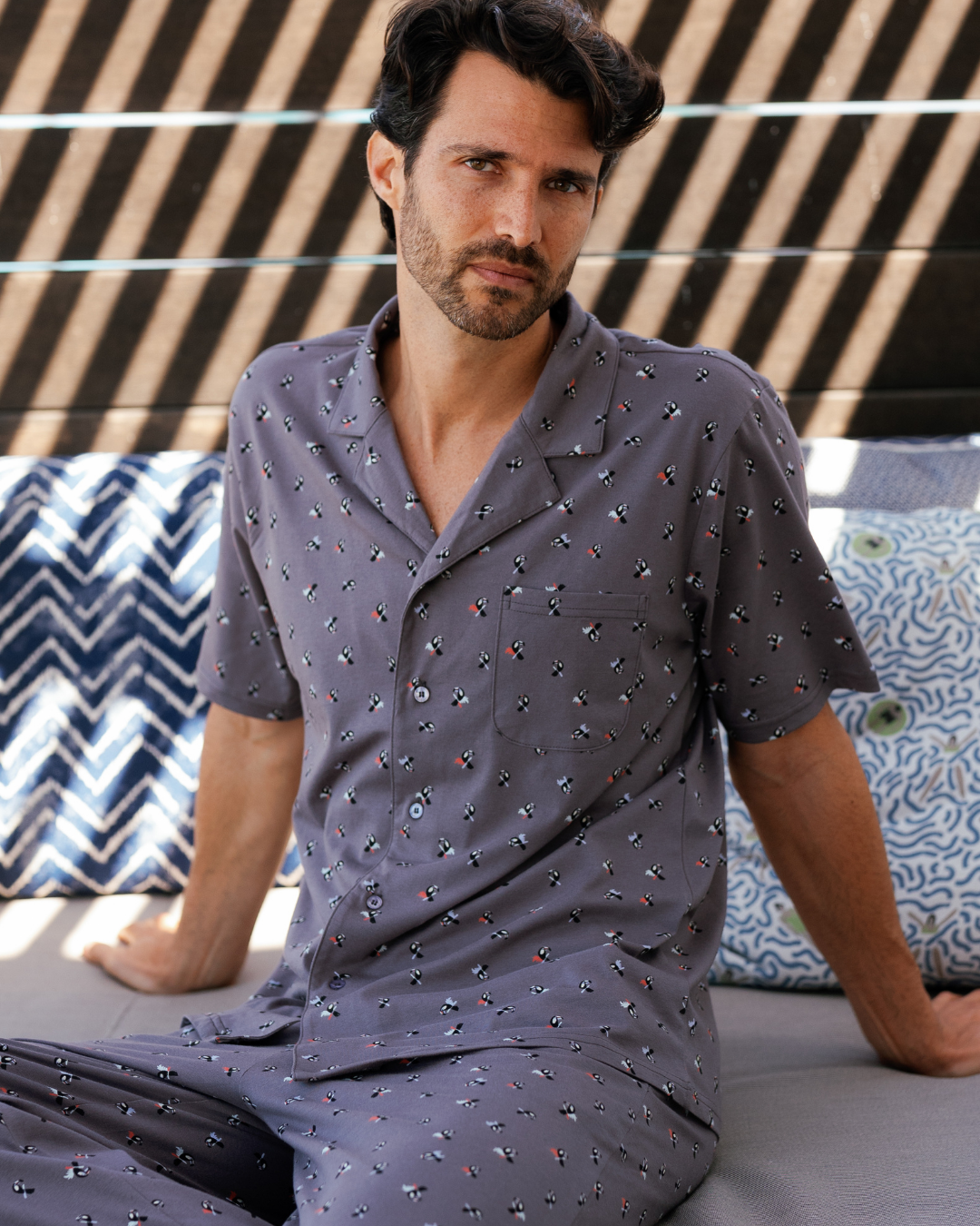 Men's Button-Up Pajamas with Toucan Print