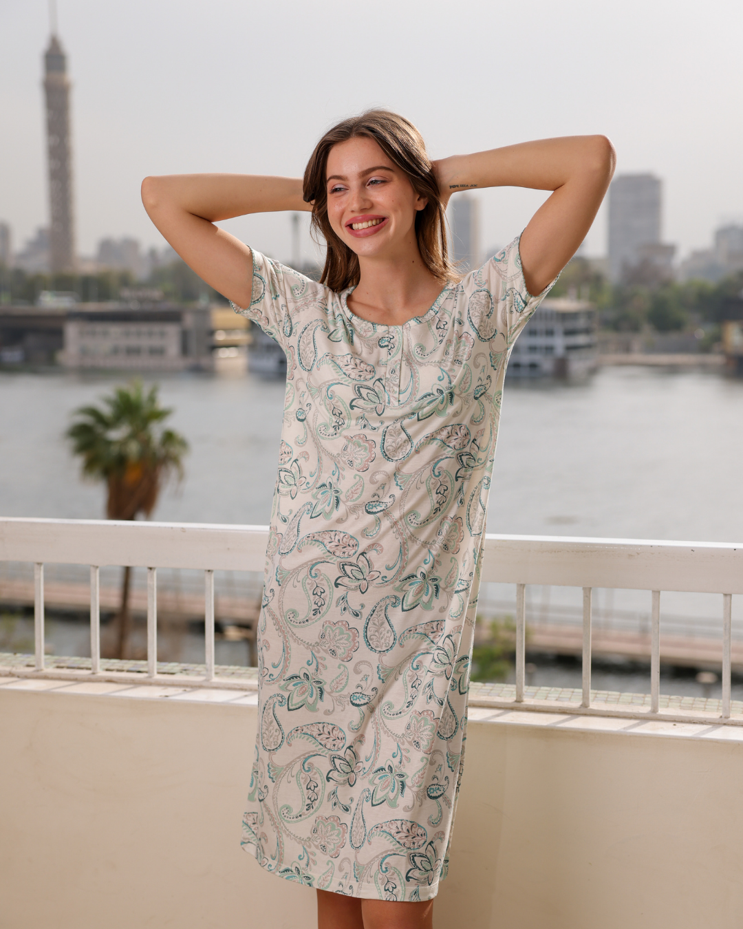 نايت شيرت حريمي نص كم قصير راوند مطبوع