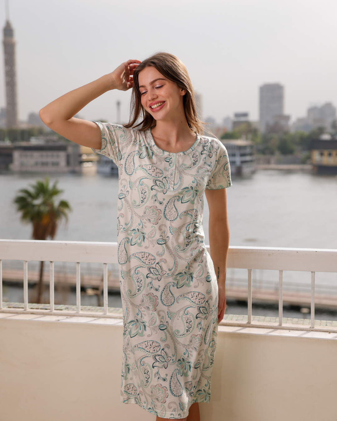 نايت شيرت حريمي نص كم قصير راوند مطبوع