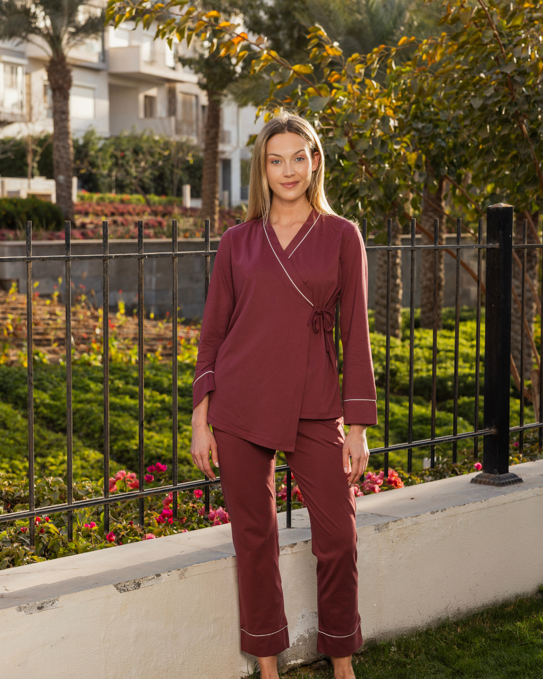 Plain cotton single set, robe and pants