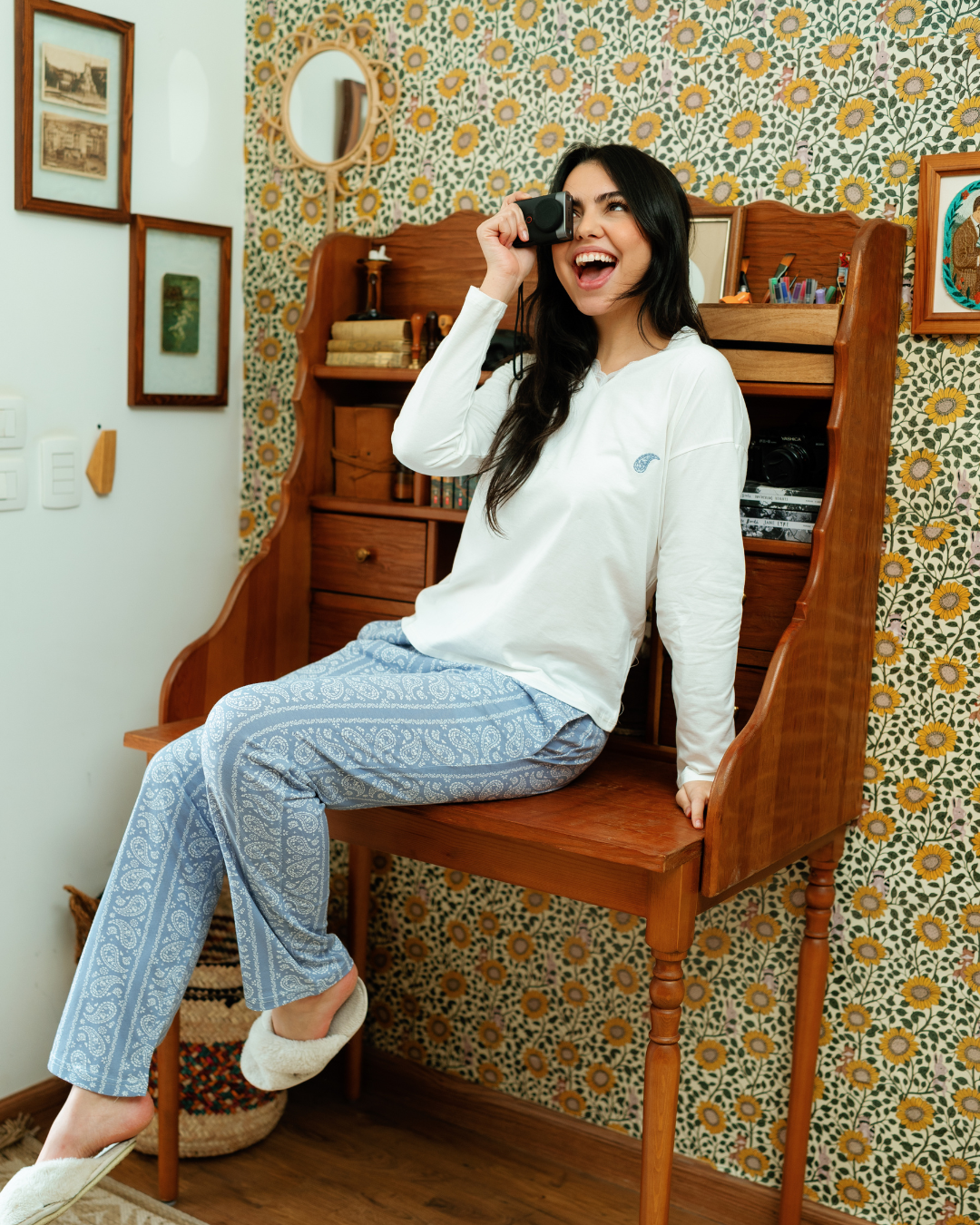 بيجاما حريمي بكم و بنطلون مطبوع اشكال هندسيه