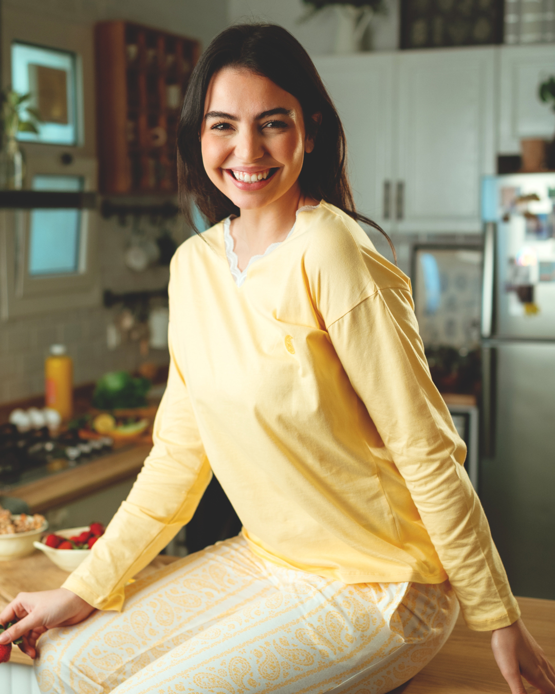 بيجاما حريمي بكم و بنطلون مطبوع اشكال هندسيه