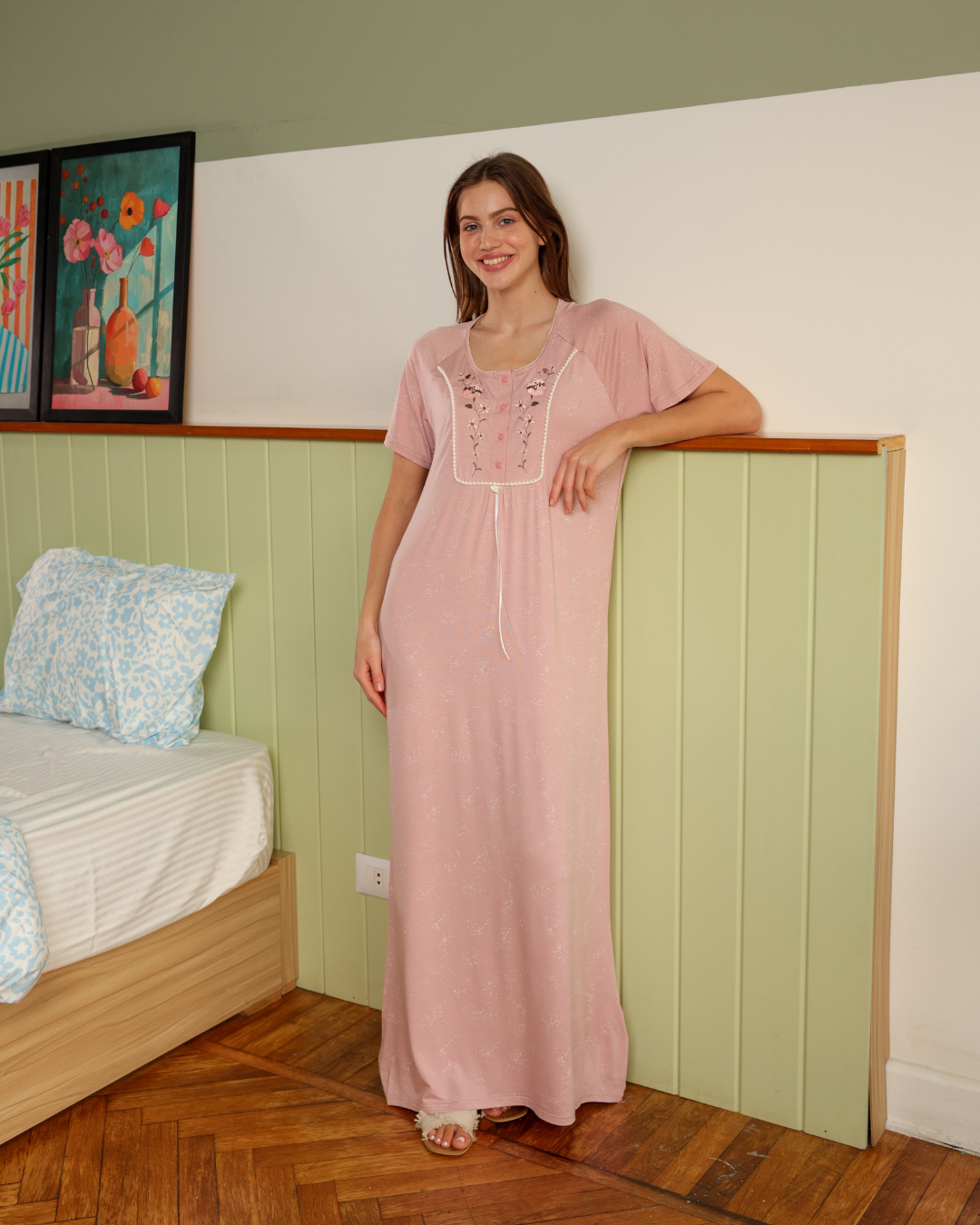 نايت شيرت طويلة نصف كم طباعة منقط