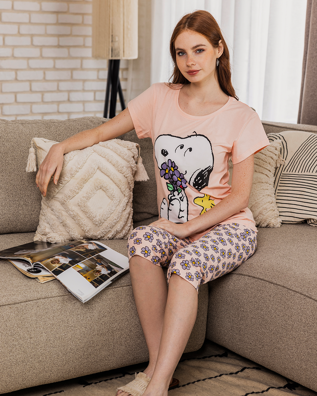 Snoopy بيجامه حريمي تيشرت نص كم وبنتاكور سنوبي