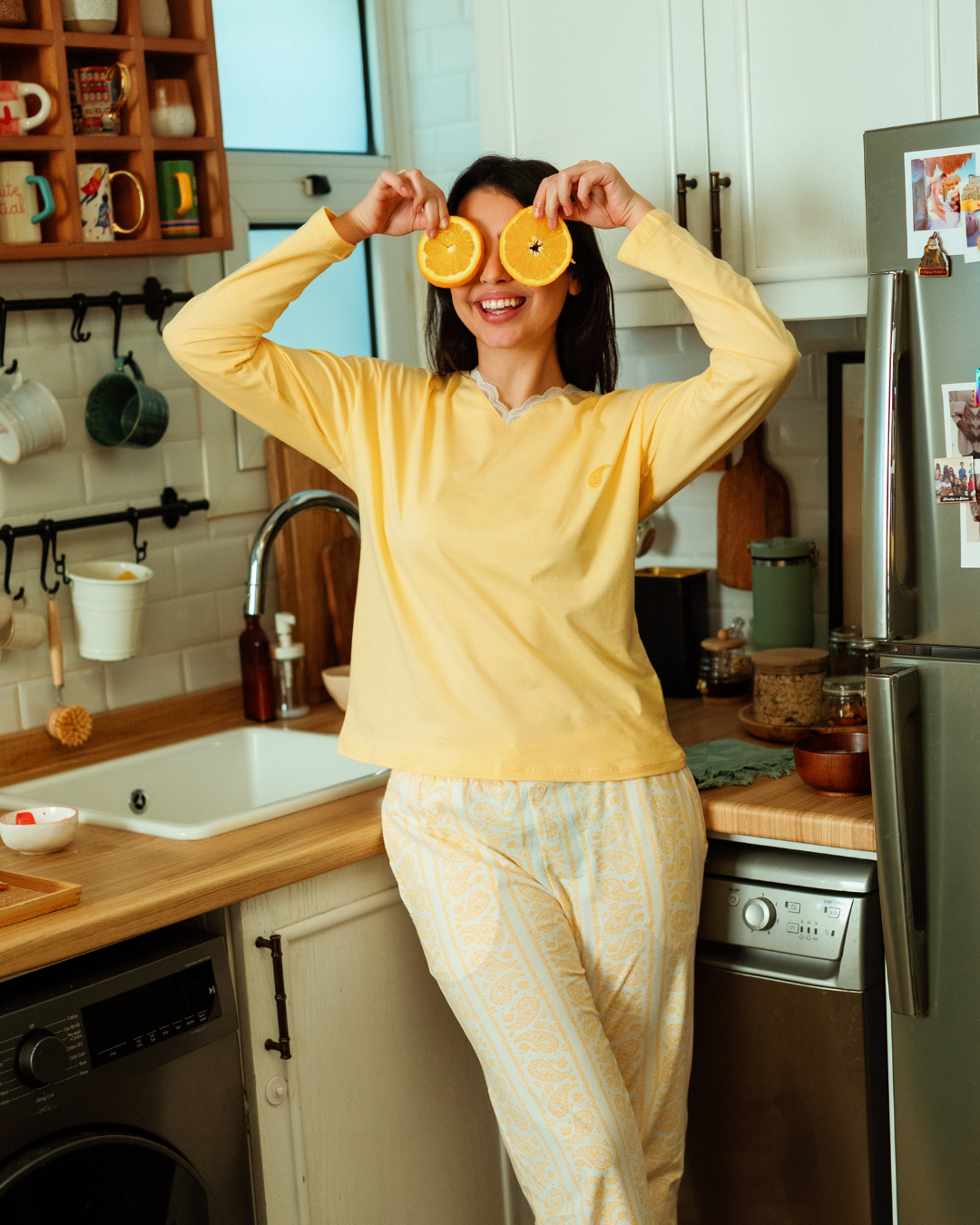 بيجاما حريمي بكم و بنطلون مطبوع اشكال هندسيه