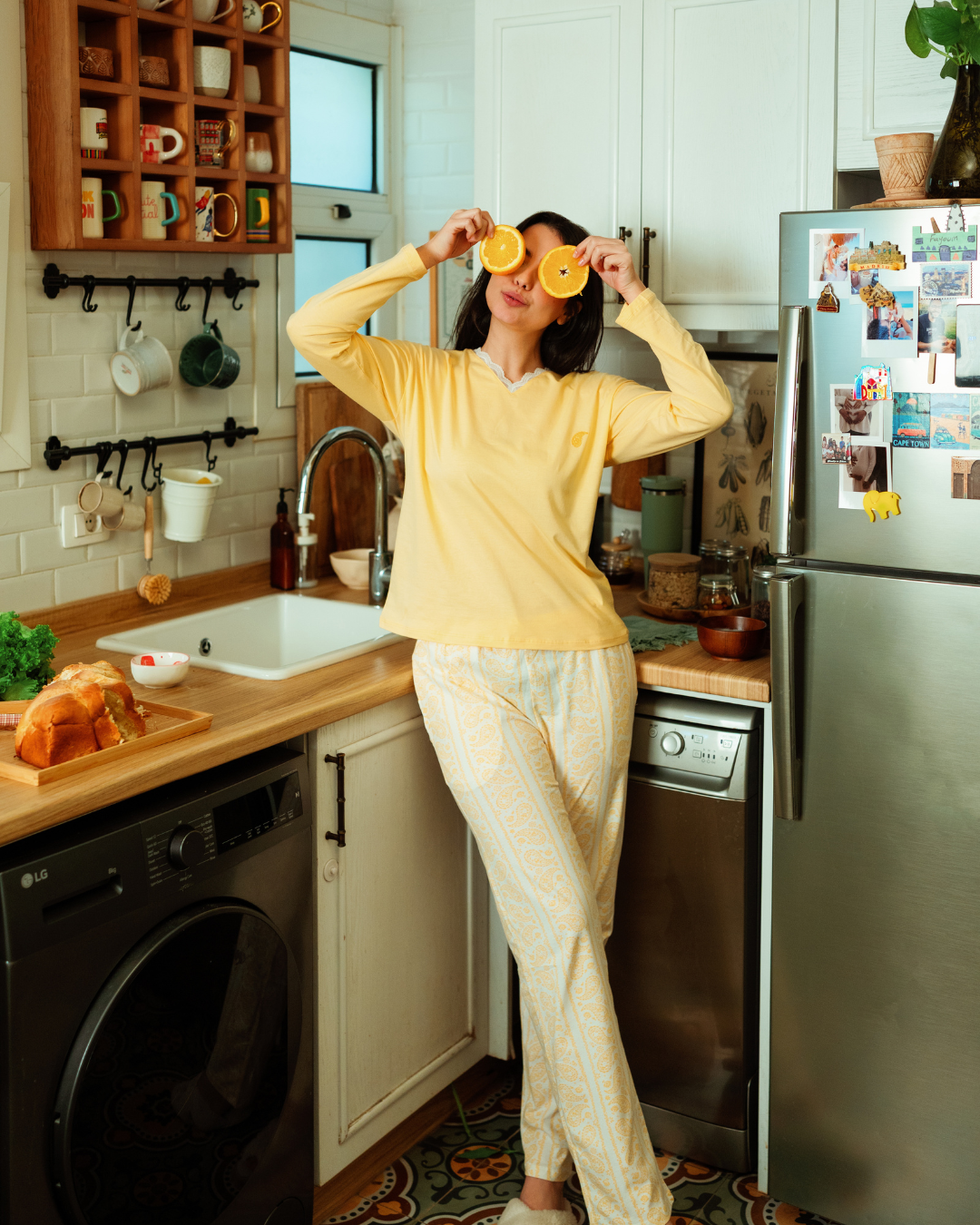 بيجاما حريمي بكم و بنطلون مطبوع اشكال هندسيه