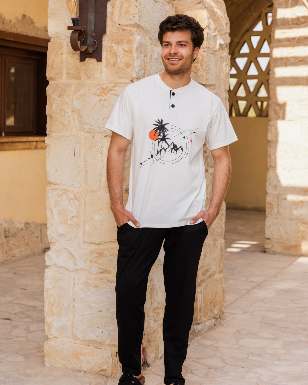Men's pajamas, half sleeves, and pants, Polo, Mountain and Palm