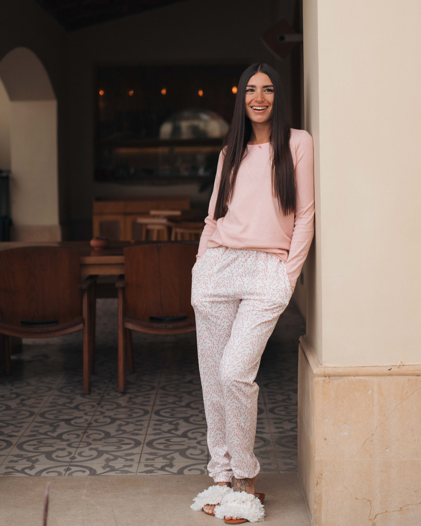 Pointelle Fabricبيجاما حريمي كم طويل بوانتيل *بنطلون قطن مطبوع