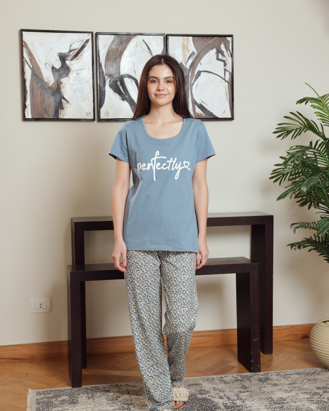 بيجاما حريمي نص كم سادة بنطلون مشجر