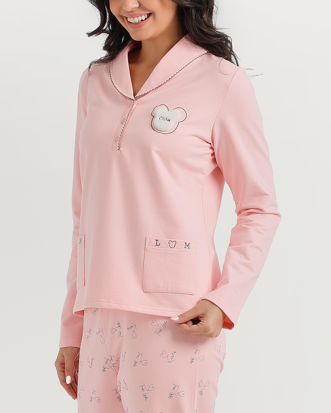 Polo collar pajamas with teddy bear embroidery