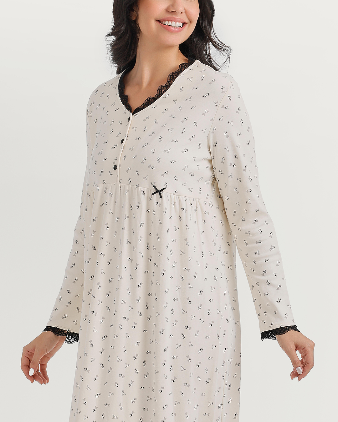 Nightgown with floral print, lace edges, and high-waisted cut