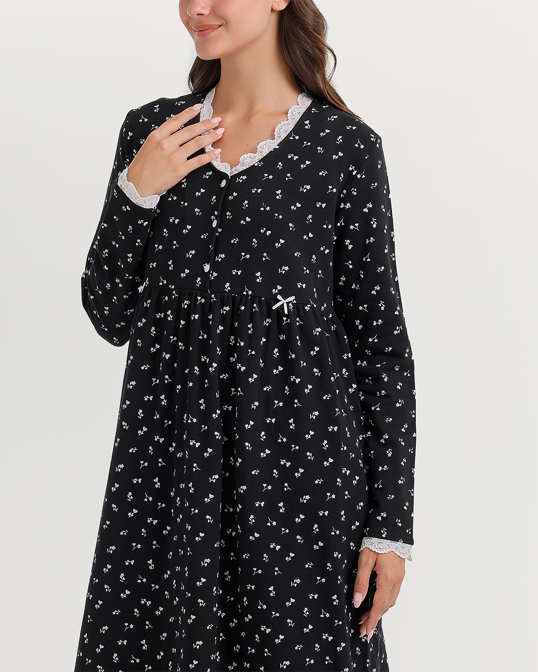 Nightgown with floral print, lace edges, and high-waisted cut
