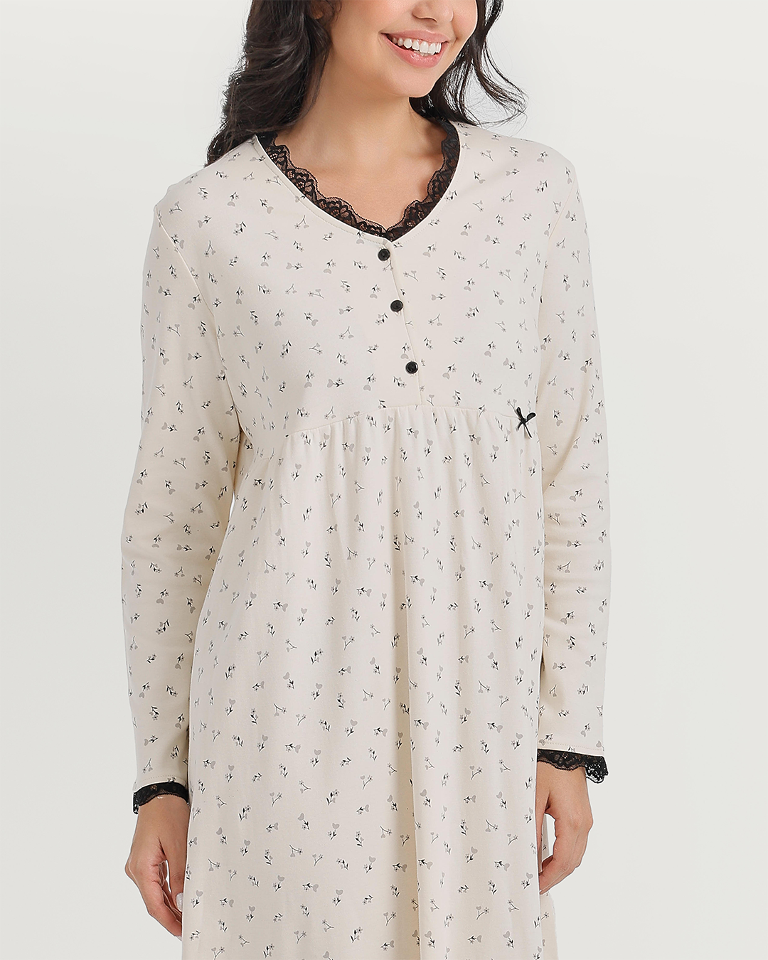 Nightgown with floral print, lace edges, and high-waisted cut