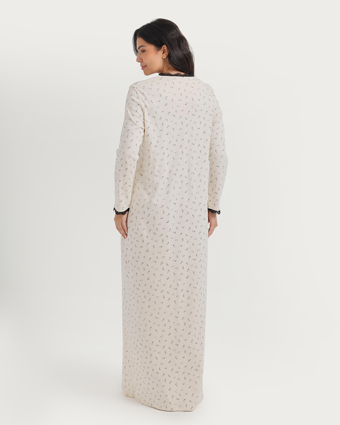 Nightgown with floral print, lace edges, and high-waisted cut