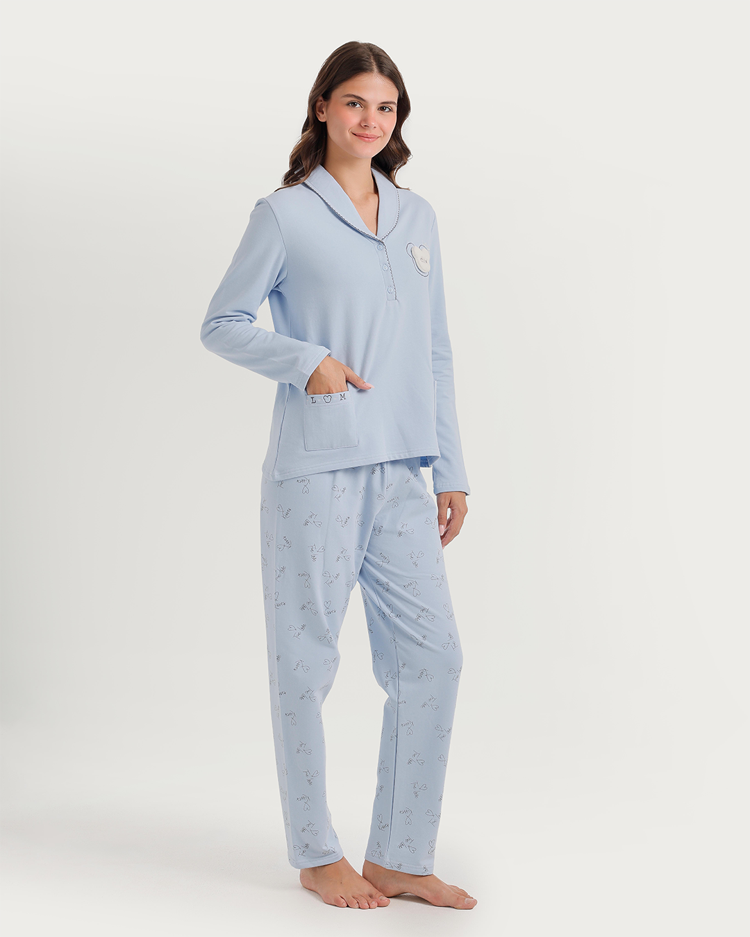 Polo collar pajamas with teddy bear embroidery