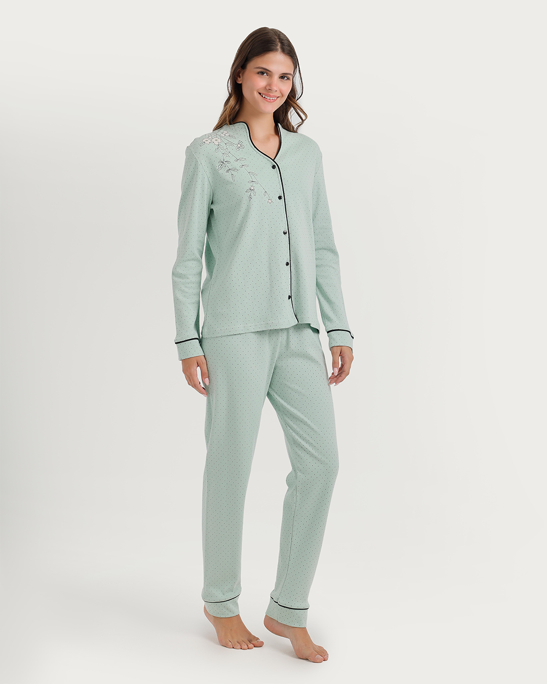 Polka-dot pajamas with notched collar