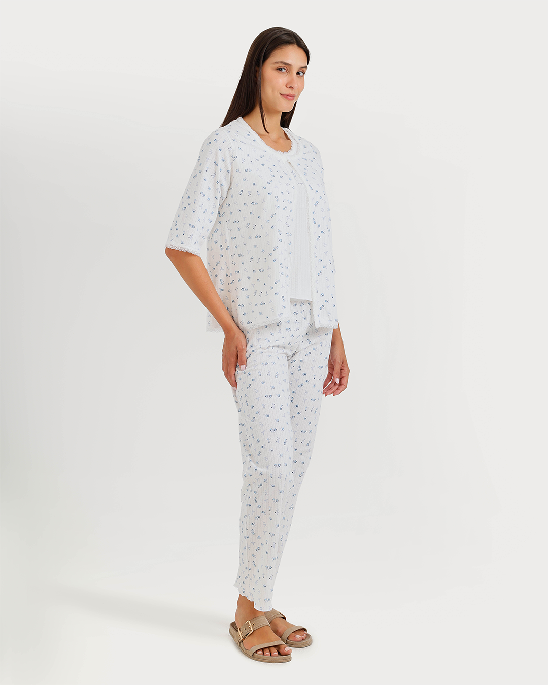 Women's 3/4 sleeve pajama with camisole, pants, and jacquard jacket