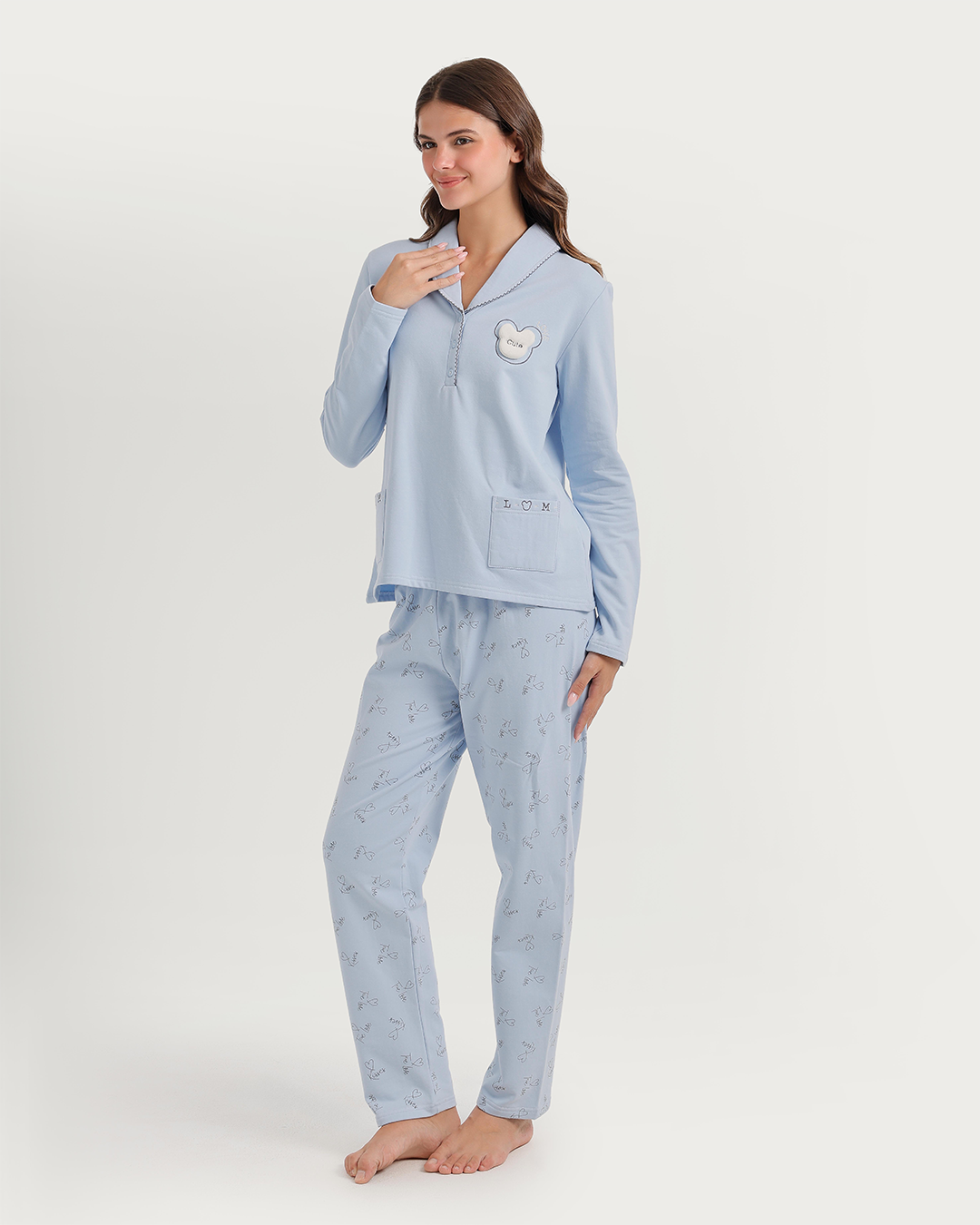 Polo collar pajamas with teddy bear embroidery