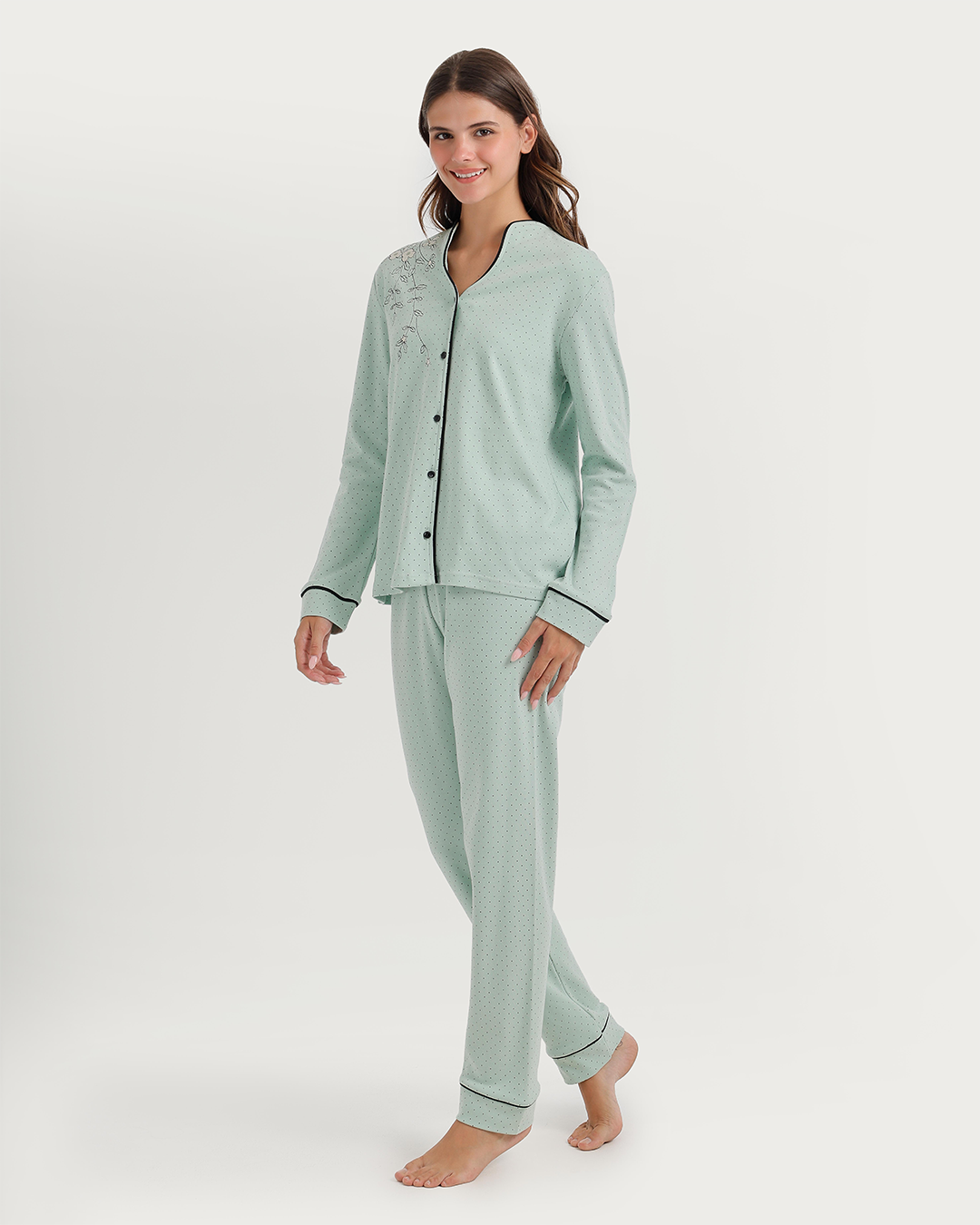 Polka-dot pajamas with notched collar