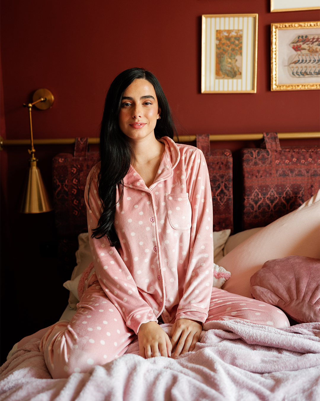 Pajama set with polka-dot print and front buttons