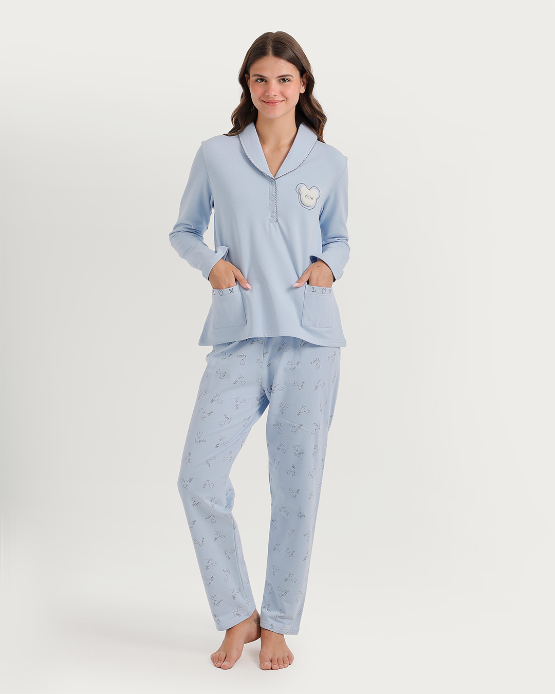Polo collar pajamas with teddy bear embroidery