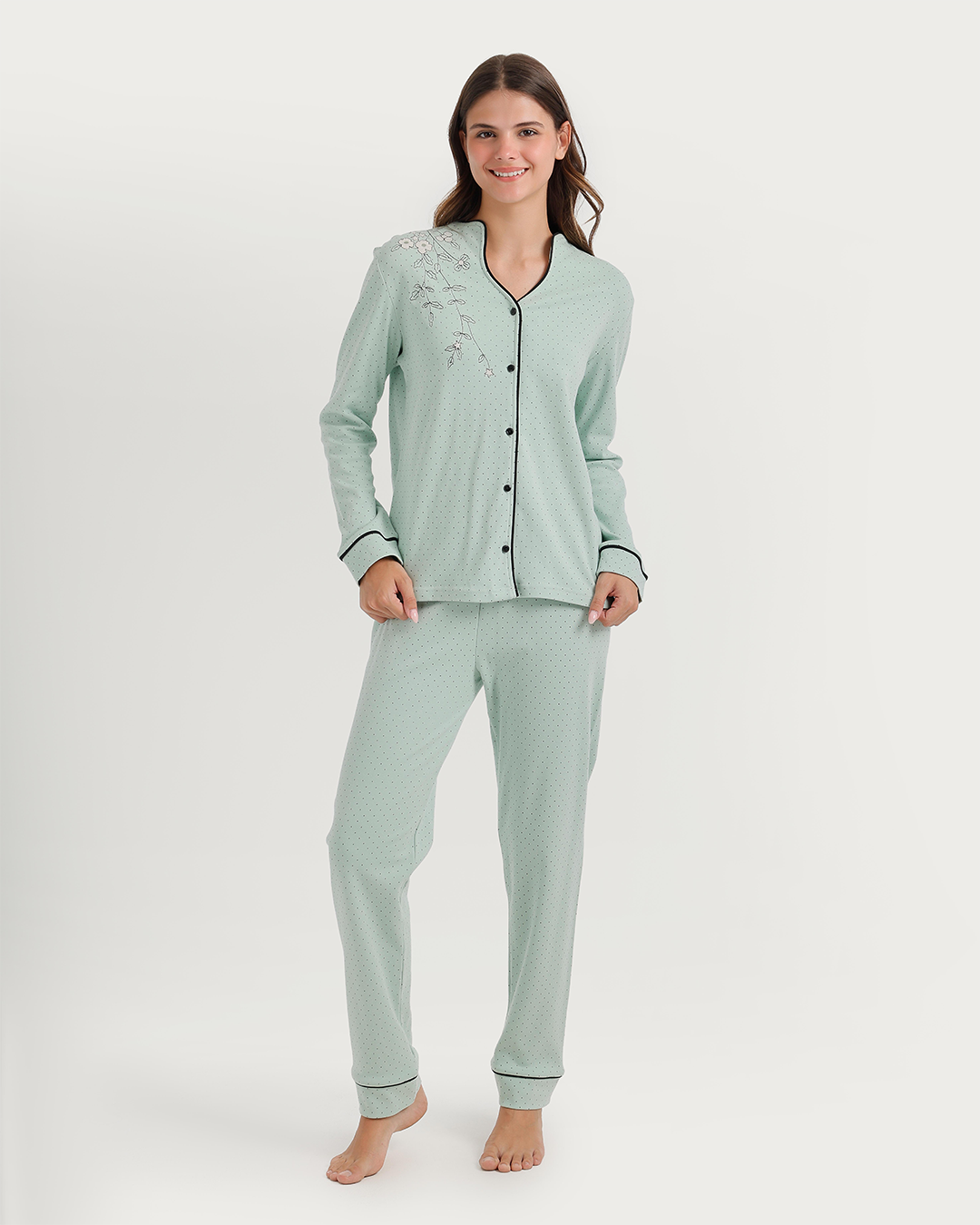 Polka-dot pajamas with notched collar