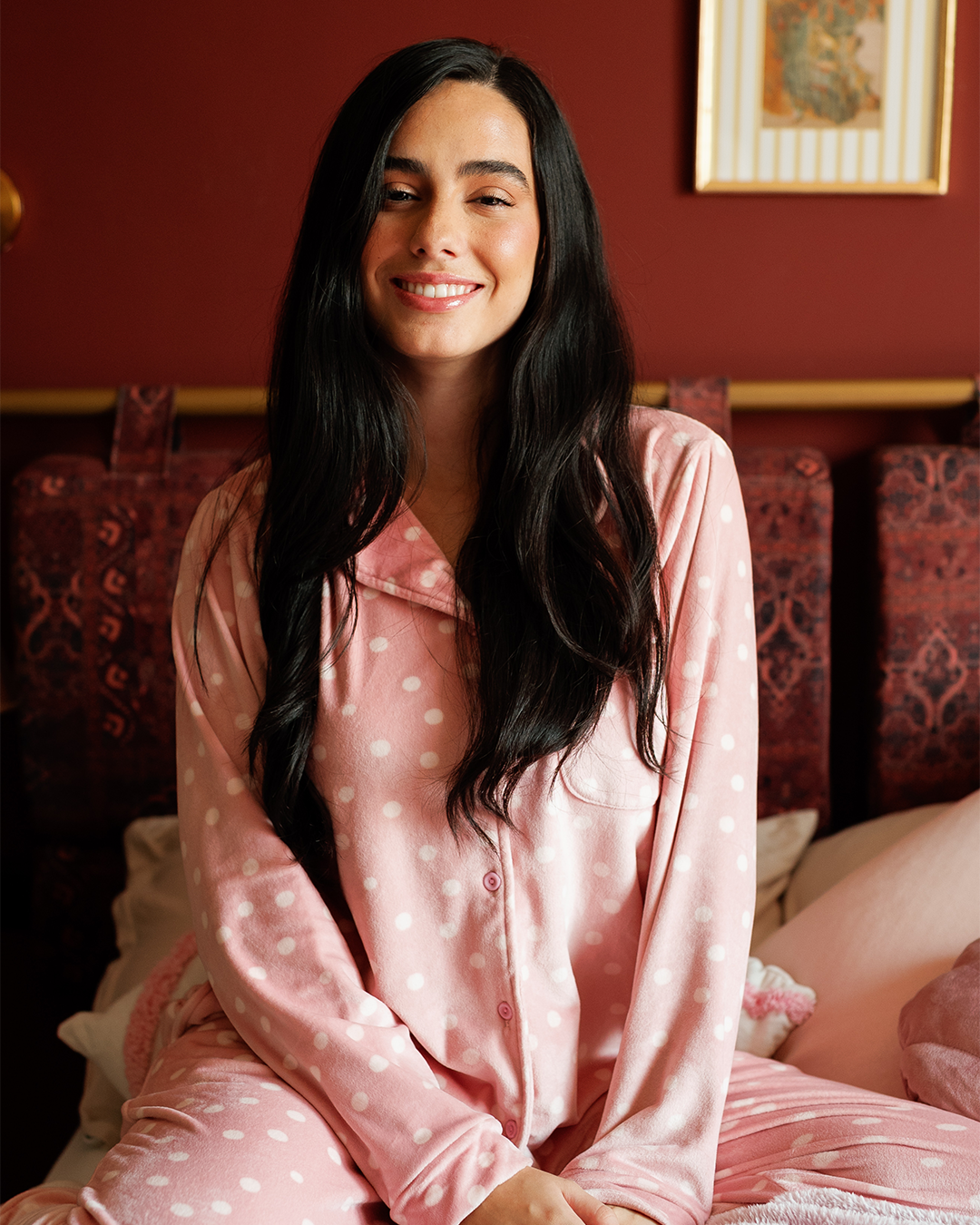 Pajama set with polka-dot print and front buttons