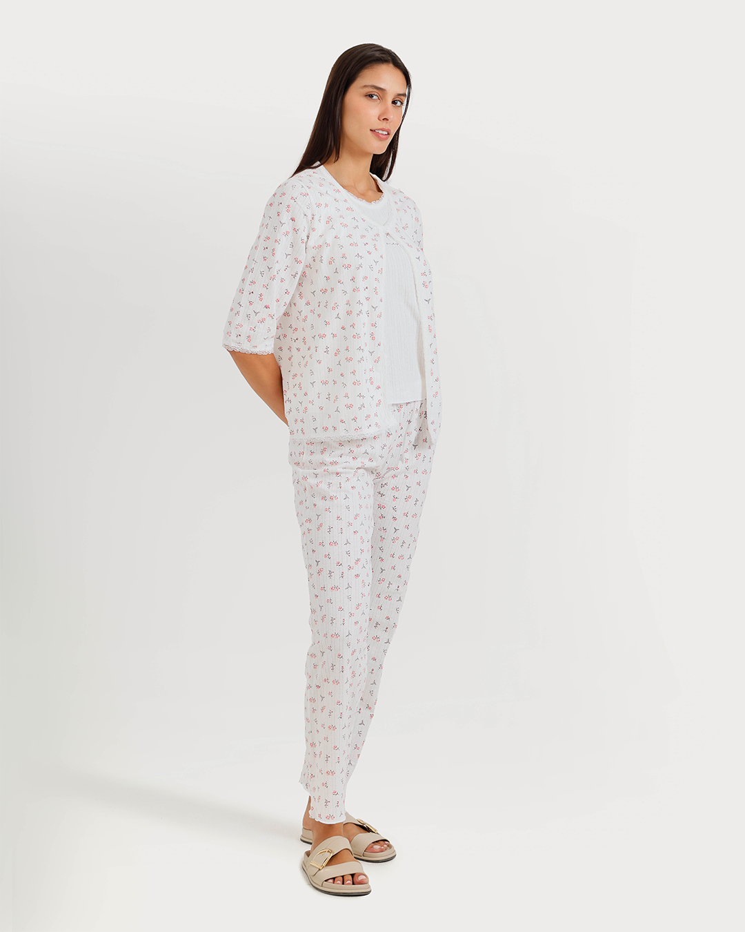 Women's 3/4 sleeve pajama with camisole, pants, and jacquard jacket