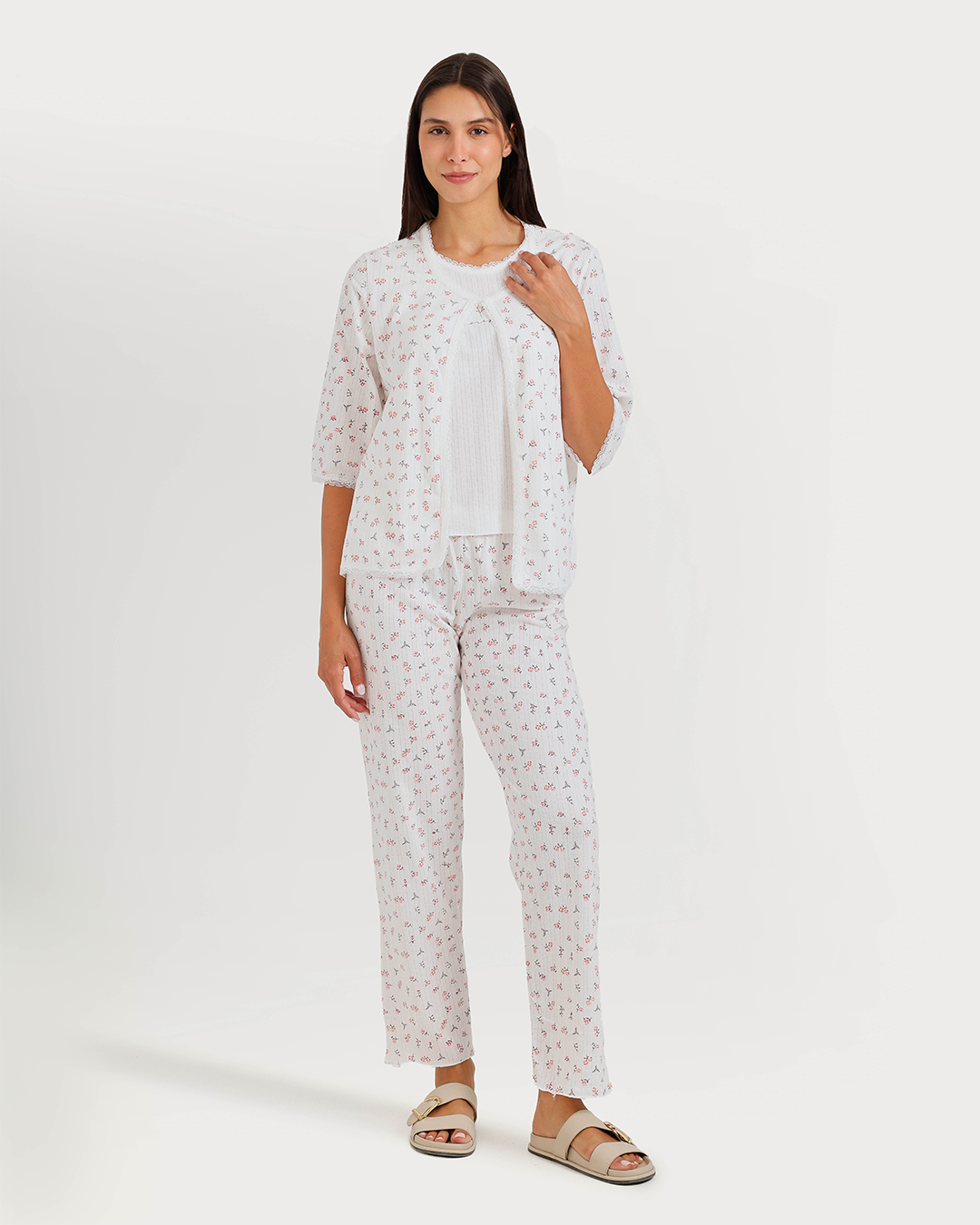 Women's 3/4 sleeve pajama with camisole, pants, and jacquard jacket