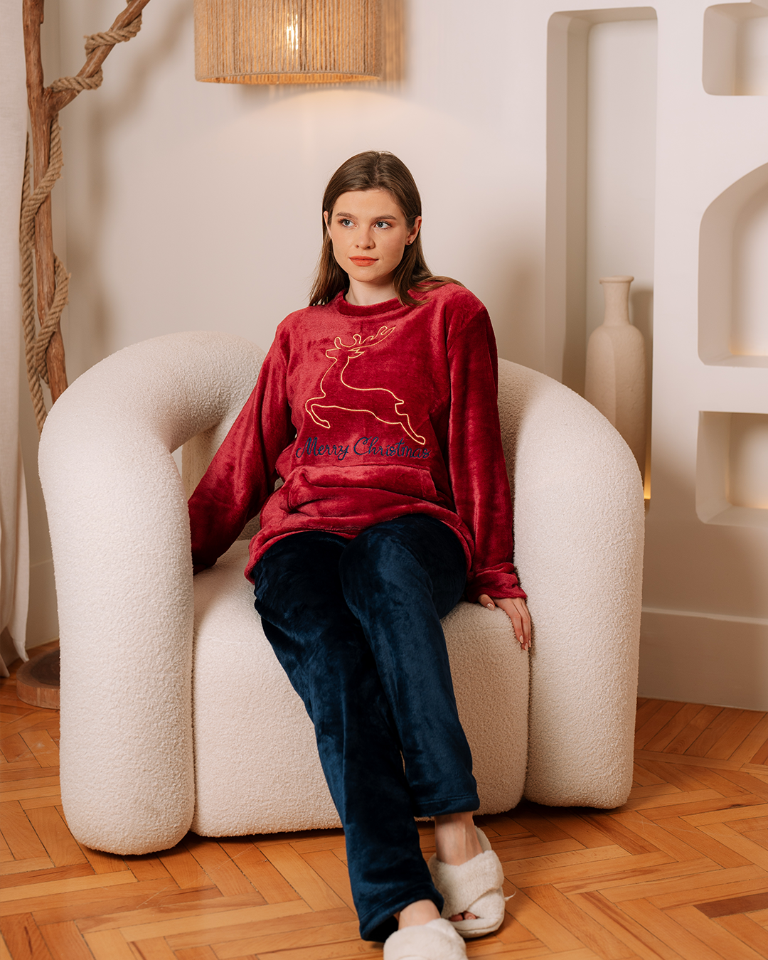 Women's pajamas, rotating, embroidered gazelle, with polar sleeves