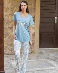 Women's pajamas, half sleeves, leafy pants