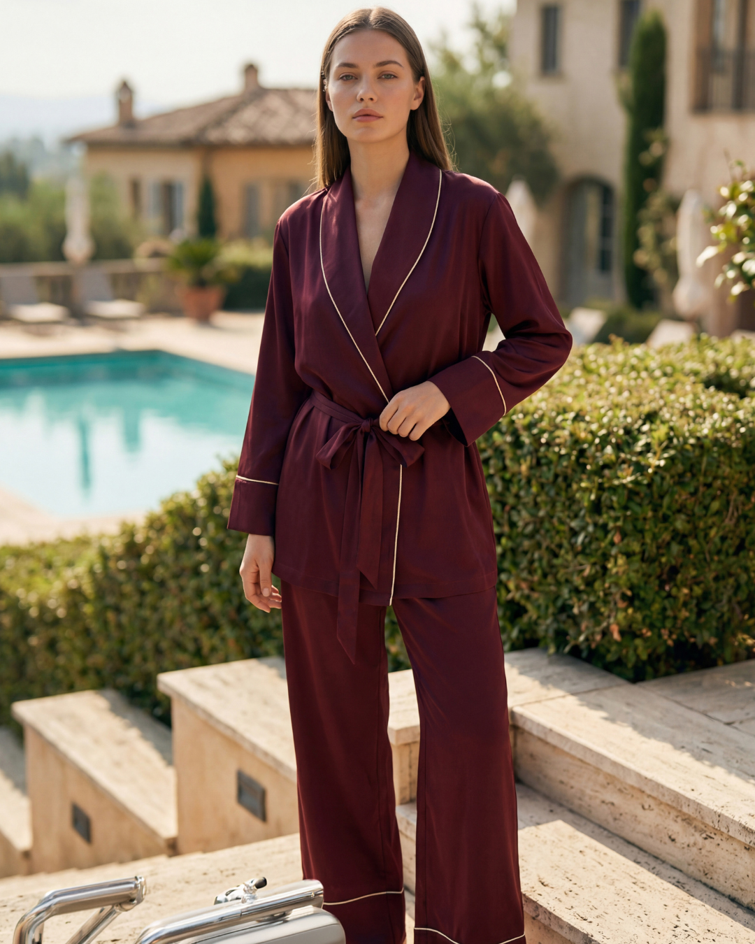 Women's plain satin long-sleeve pants pajamas