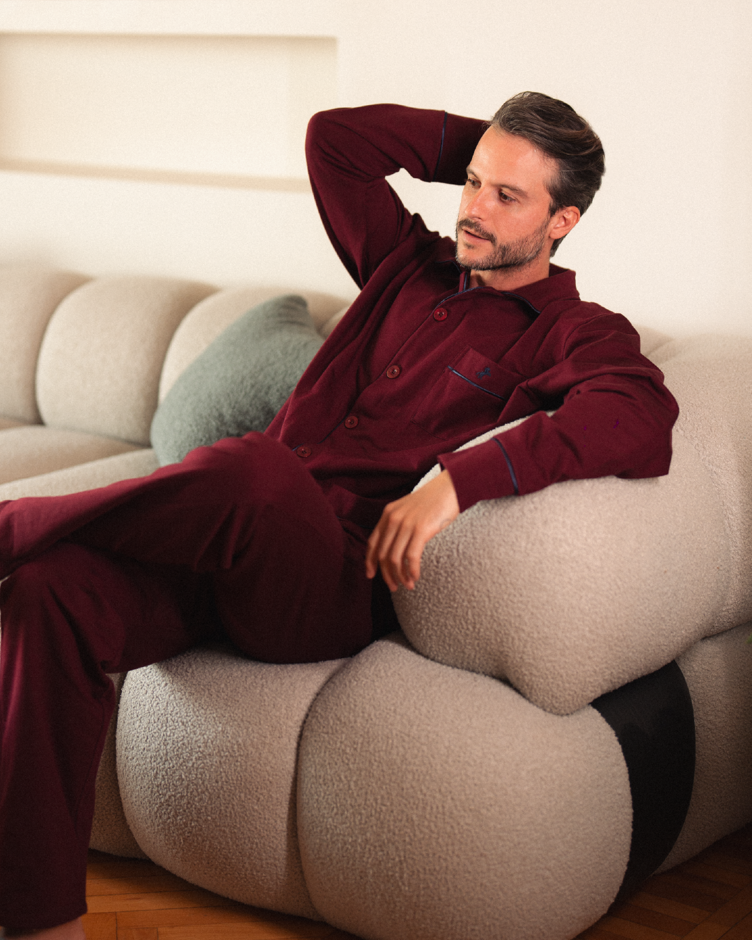 Classic Men's Pajamas Open Buttons Laser Pockets Melton Horse Embroidery