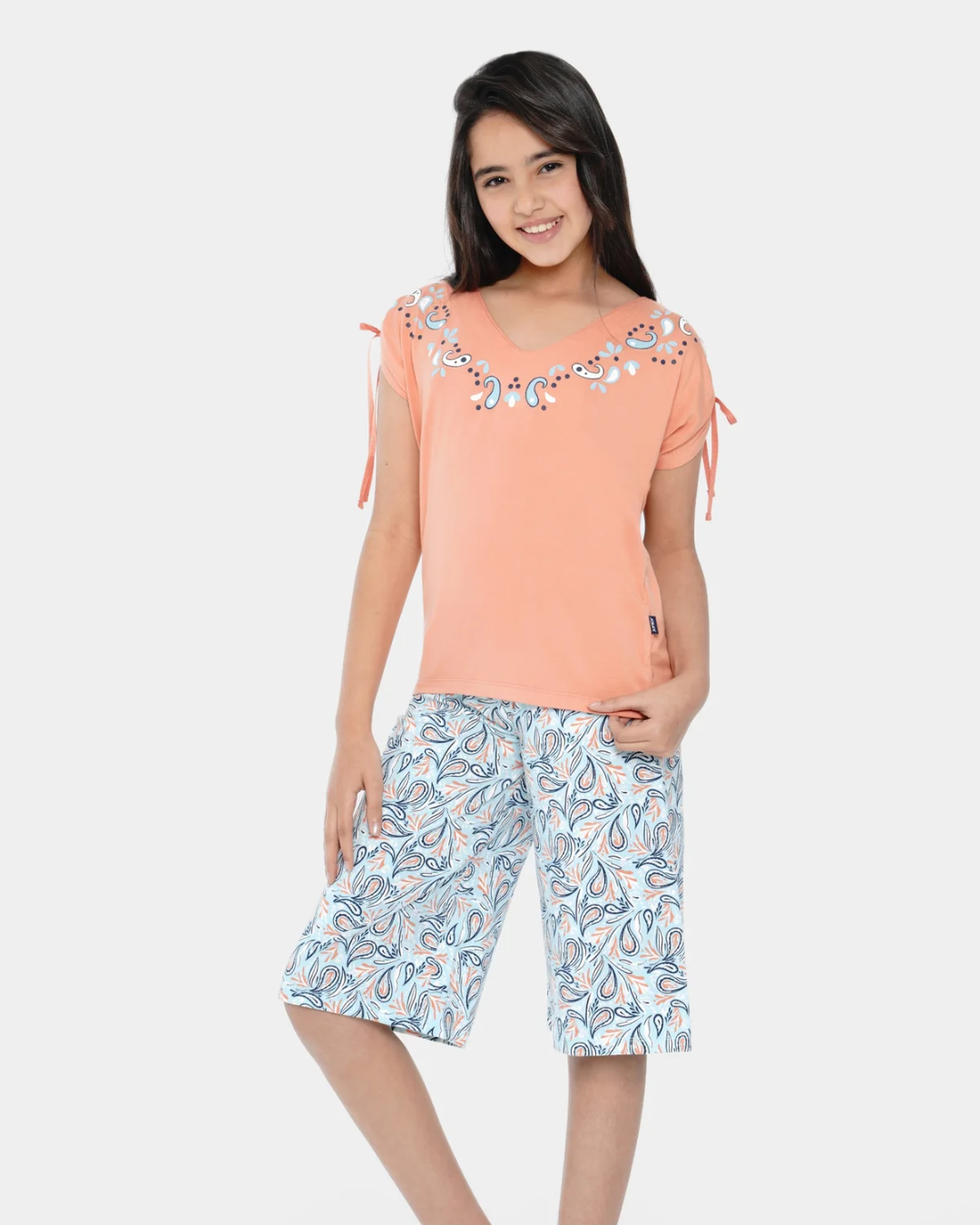 Blue Paisley بيجامه بناتي تيشرت كات وبنتاكور مطبوع