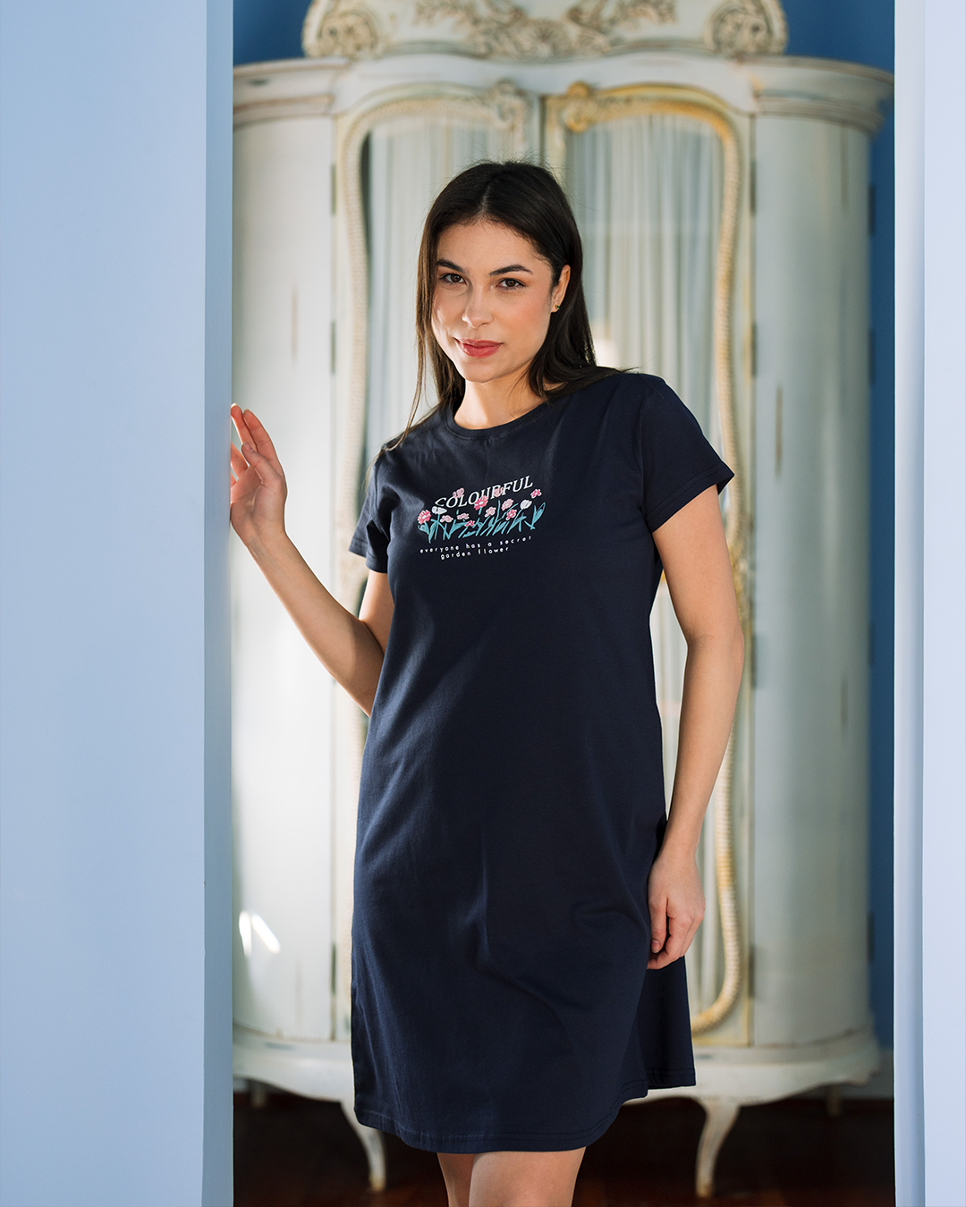 Colorful Flowers قميص نوم حريمي نص كم