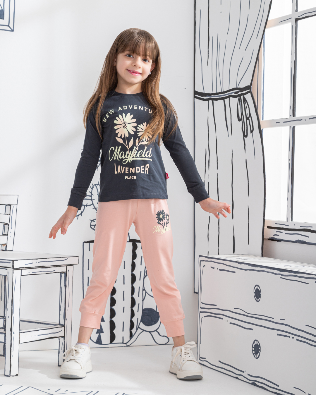 Lavender بيجامه بناتي توب براسولا بنطلون مطبوع سنجل ليكرا مطبوع