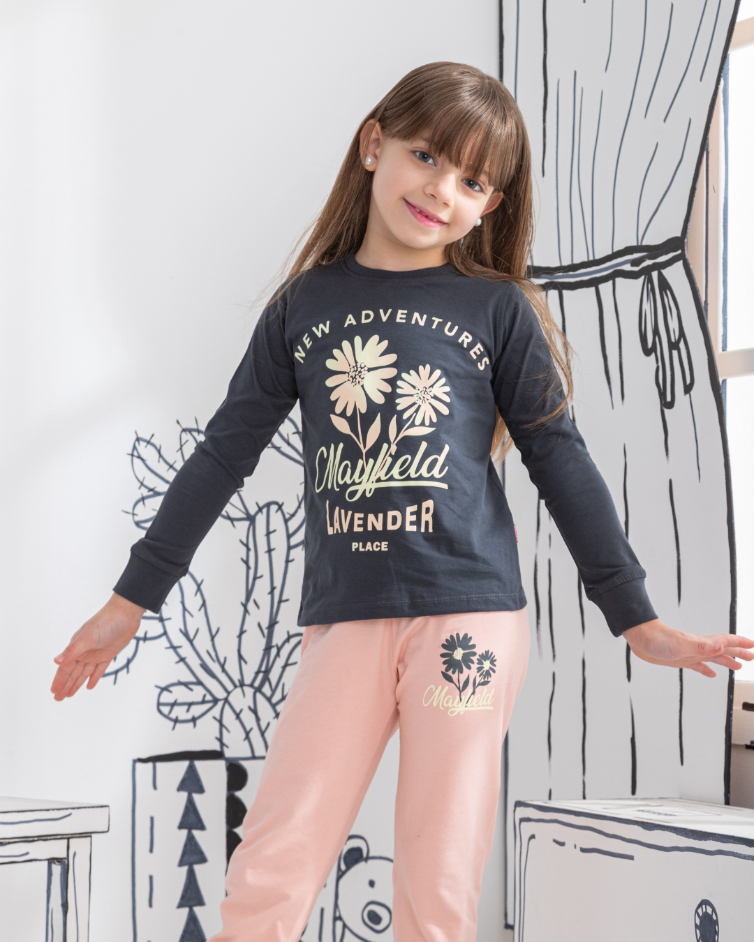 Lavender بيجامه بناتي توب براسولا بنطلون مطبوع سنجل ليكرا مطبوع