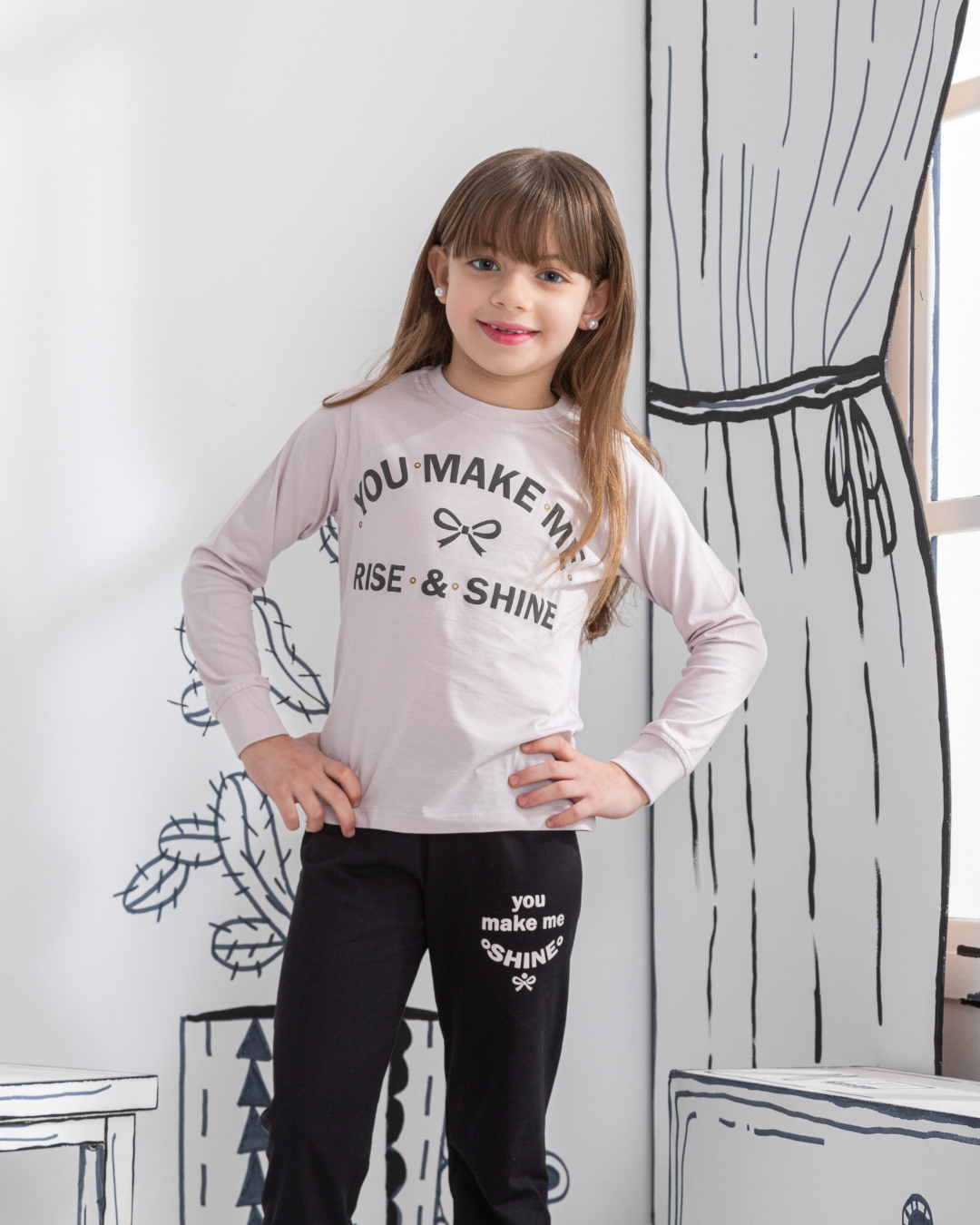 Lavender بيجامه بناتي توب براسولا بنطلون مطبوع سنجل ليكرا مطبوع