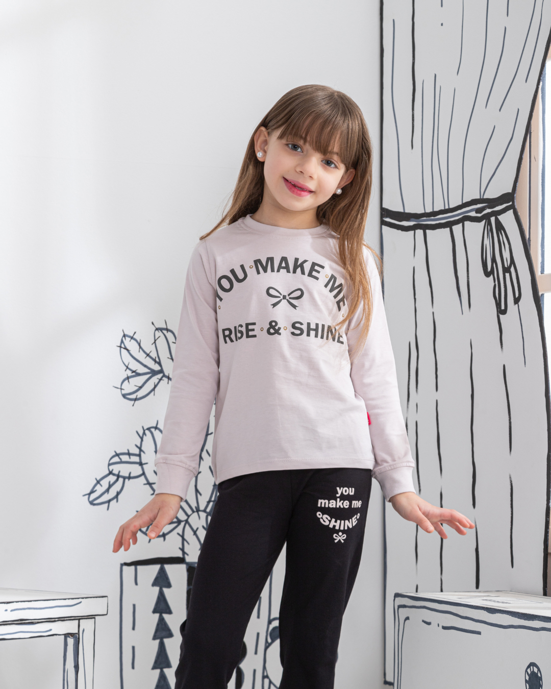 Lavender بيجامه بناتي توب براسولا بنطلون مطبوع سنجل ليكرا مطبوع