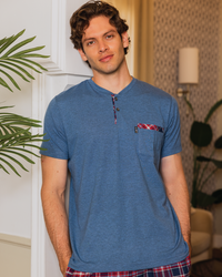 السادة Xبيجامه رجالي تيشرت نص كم رواند وبنطلون النسيج الكاروة