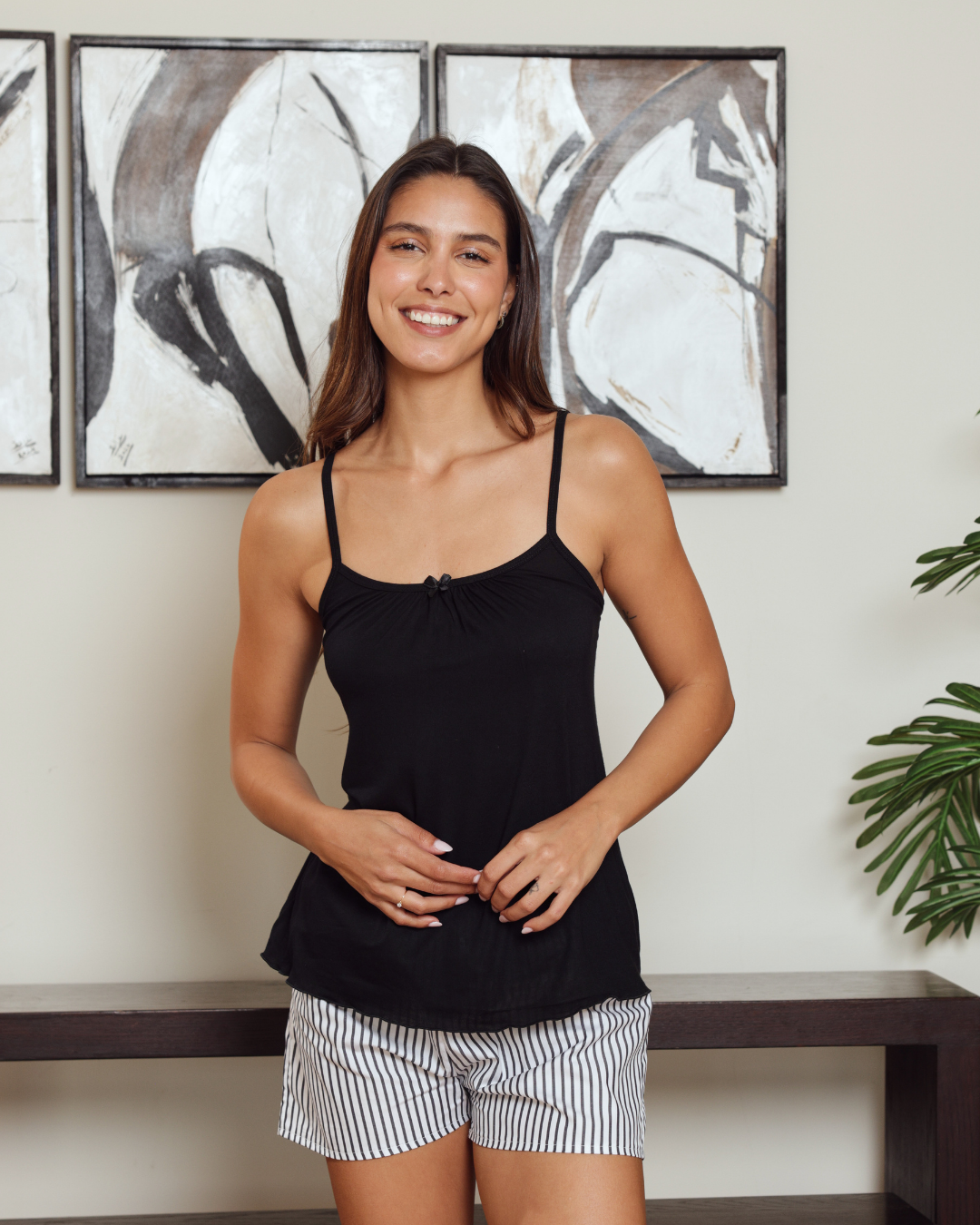 Women's pajamas with plain straps and striped shorts