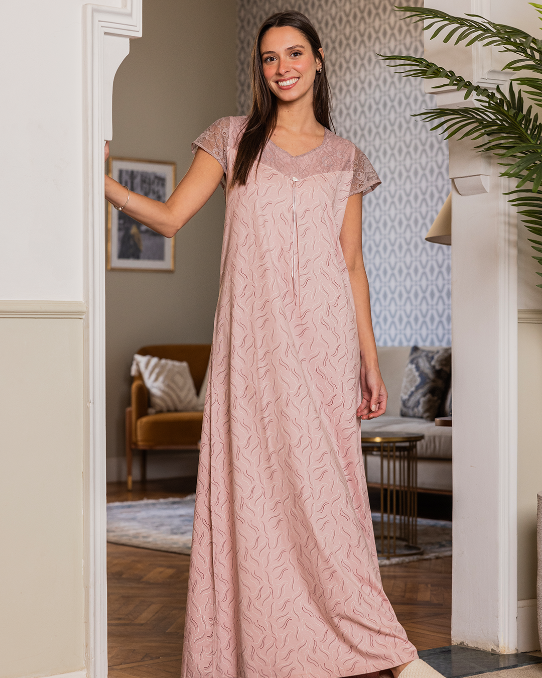 قميص حريمي طويل ربع كم دانتيل علي الصدر طباعة نقط