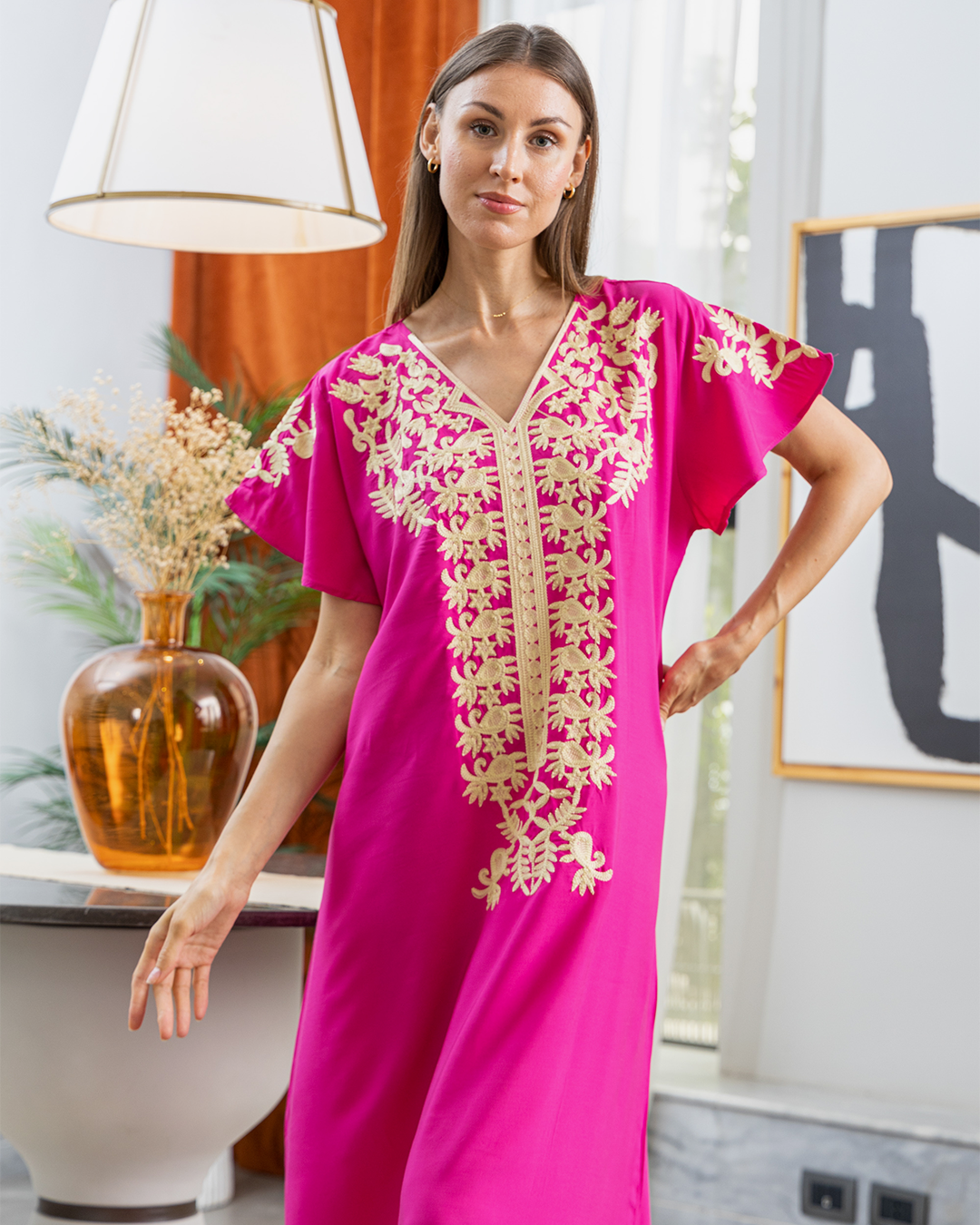 Viscose shirt, 5 half sleeves, plain embroidered