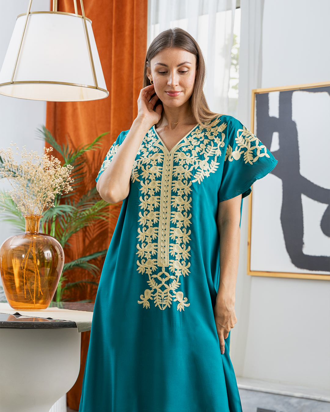 Viscose shirt, 5 half sleeves, plain embroidered