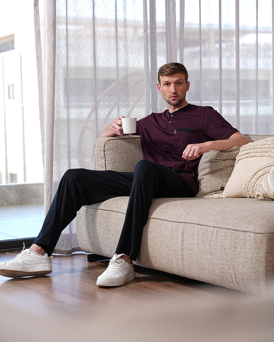 Men's pajamas, half-sleeve T-shirt and lotus-printed trousers