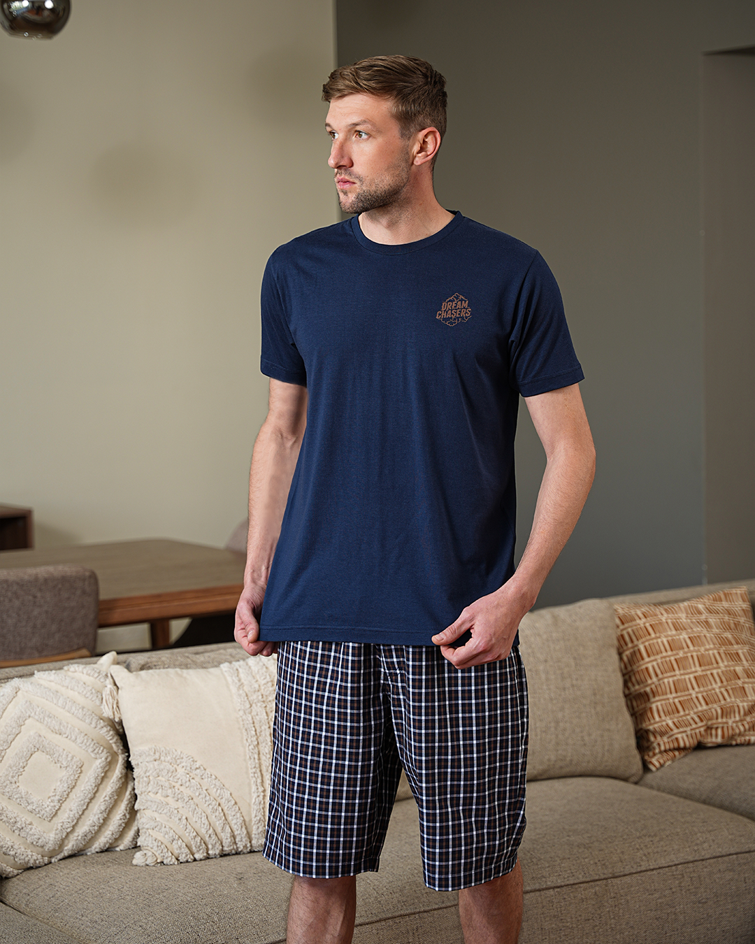 السادة Xبيجامه رجالي تيشرت نص كم رواند وشورت النسيج الكاروة