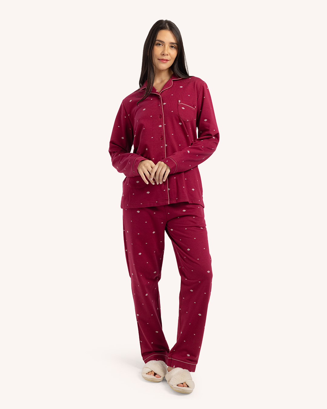 بيجاما حريمى مطبوعة بكم طويل جاكيت بزراير مع بنطلون