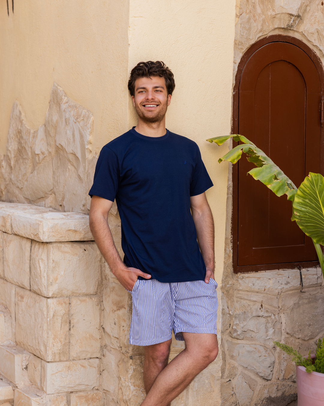 بيجاما رجالي نص كم و شورت تطريز حصان شورت مقلم