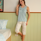 Women's pajamas, a wide shoulder shoulder, Bermeuda, embroidery, embroidery